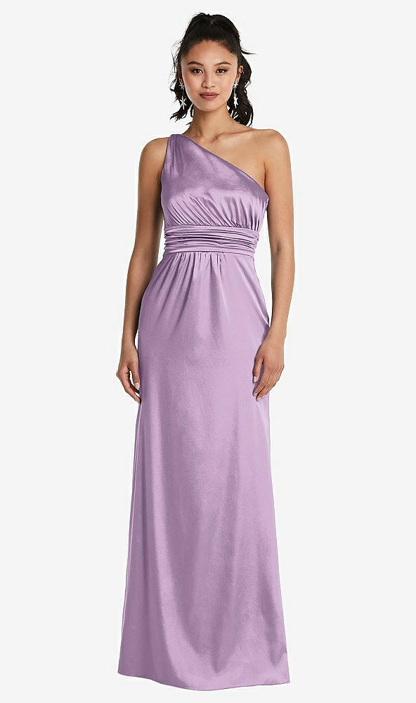 Front View - Wood Violet One-Shoulder Draped Satin Maxi Dress