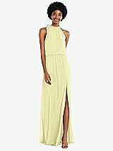 Front View Thumbnail - Butter Yellow Scarf Tie High Neck Blouson Bodice Maxi Dress with Front Slit