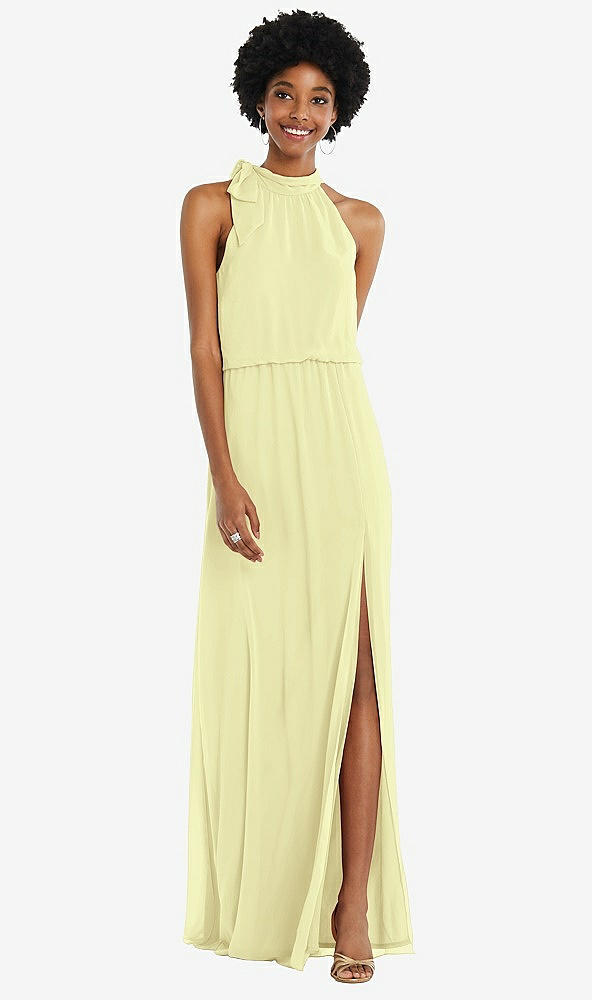 Front View - Butter Yellow Scarf Tie High Neck Blouson Bodice Maxi Dress with Front Slit