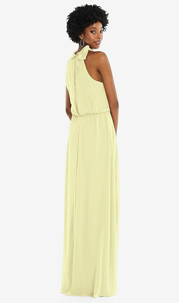 Back View - Butter Yellow Scarf Tie High Neck Blouson Bodice Maxi Dress with Front Slit