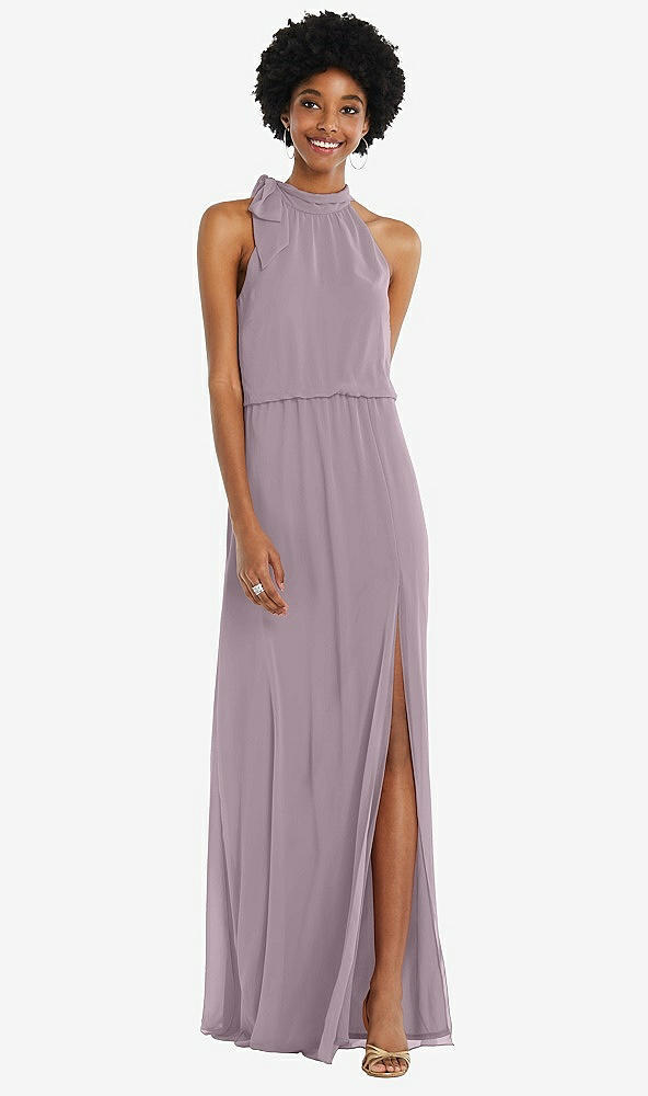 Front View - Lilac Dusk Scarf Tie High Neck Blouson Bodice Maxi Dress with Front Slit