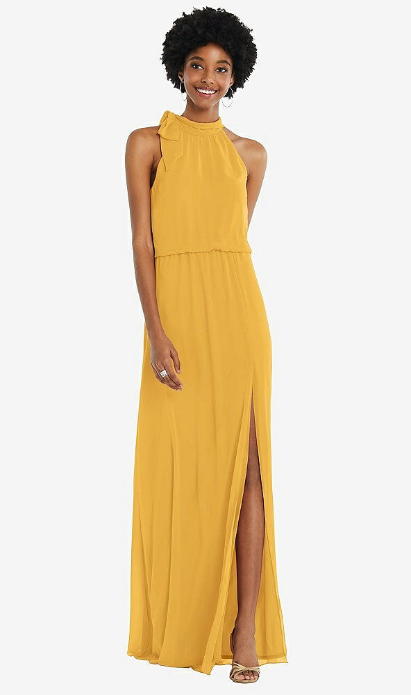 Front View - NYC Yellow Scarf Tie High Neck Blouson Bodice Maxi Dress with Front Slit