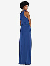 Rear View Thumbnail - Classic Blue Scarf Tie High Neck Blouson Bodice Maxi Dress with Front Slit