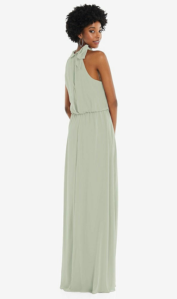 Back View - Celadon Scarf Tie High Neck Blouson Bodice Maxi Dress with Front Slit