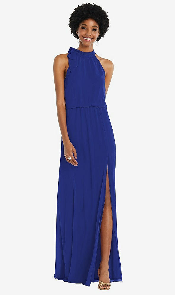 Front View - Cobalt Blue Scarf Tie High Neck Blouson Bodice Maxi Dress with Front Slit