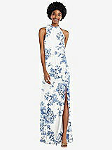 Front View Thumbnail - Cottage Rose Dusk Blue Scarf Tie High Neck Blouson Bodice Maxi Dress with Front Slit