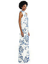 Side View Thumbnail - Cottage Rose Dusk Blue Scarf Tie High Neck Blouson Bodice Maxi Dress with Front Slit