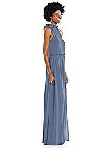 Side View Thumbnail - Larkspur Blue Scarf Tie High Neck Blouson Bodice Maxi Dress with Front Slit