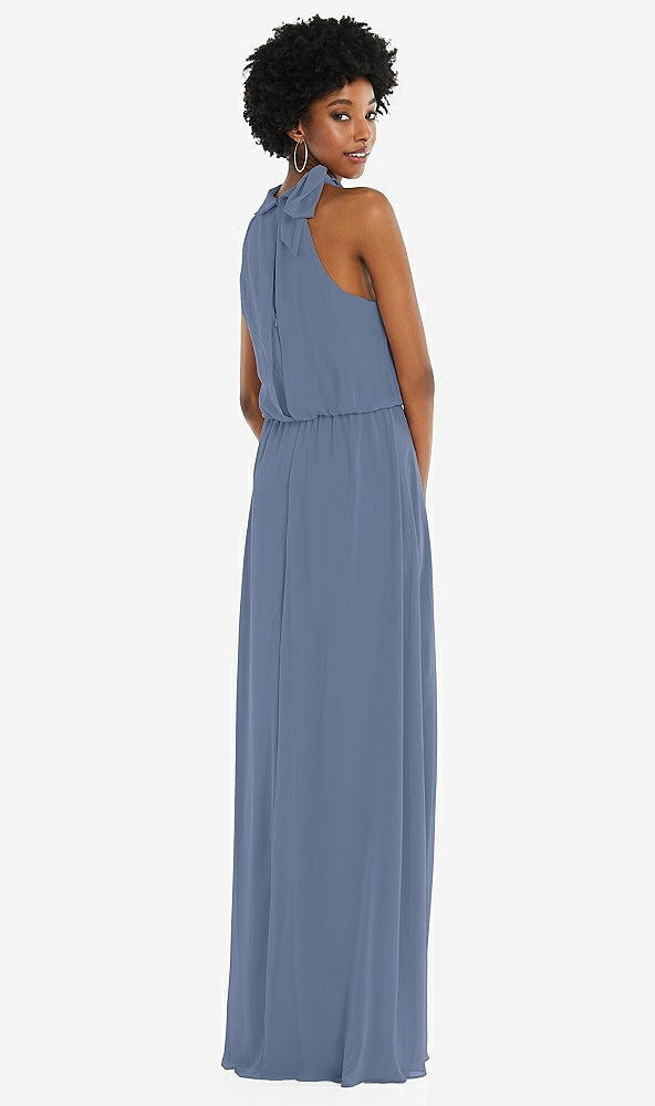 Back View - Larkspur Blue Scarf Tie High Neck Blouson Bodice Maxi Dress with Front Slit