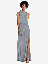 Front View Thumbnail - Platinum Scarf Tie High Neck Blouson Bodice Maxi Dress with Front Slit