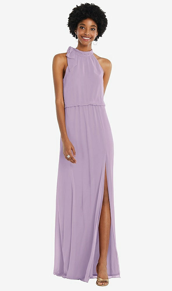 Front View - Pale Purple Scarf Tie High Neck Blouson Bodice Maxi Dress with Front Slit