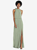 Front View Thumbnail - Sage Scarf Tie High Neck Blouson Bodice Maxi Dress with Front Slit