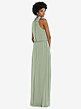 Rear View Thumbnail - Sage Scarf Tie High Neck Blouson Bodice Maxi Dress with Front Slit