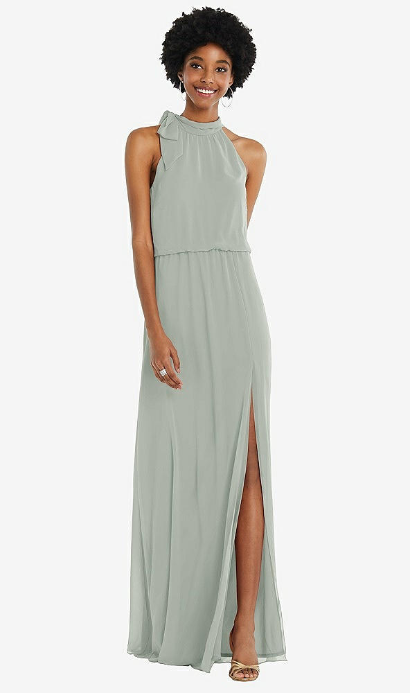 Front View - Willow Green Scarf Tie High Neck Blouson Bodice Maxi Dress with Front Slit