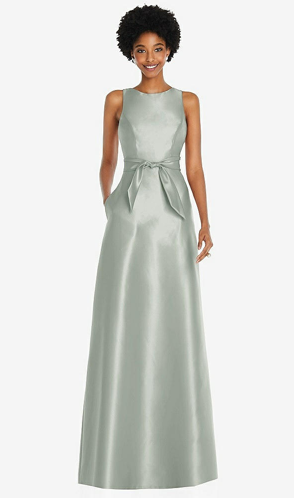 Front View - Willow Green Jewel-Neck V-Back Maxi Dress with Mini Sash