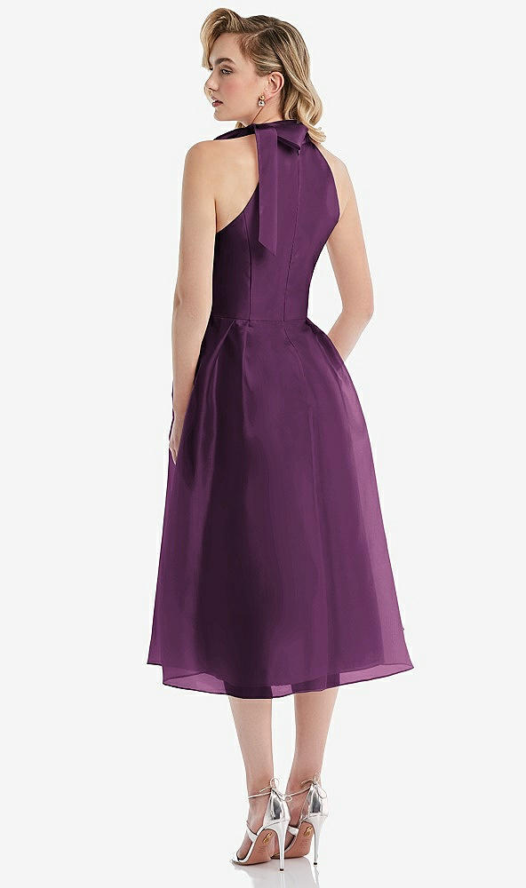 Back View - Aubergine Scarf-Tie High-Neck Halter Organdy Midi Dress