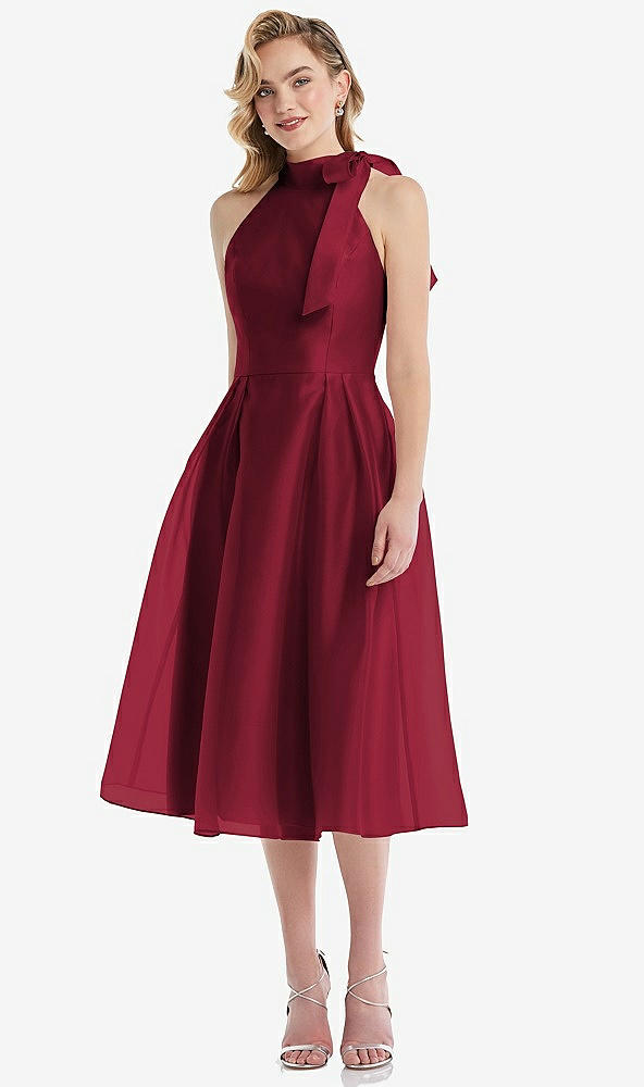 Front View - Burgundy Scarf-Tie High-Neck Halter Organdy Midi Dress