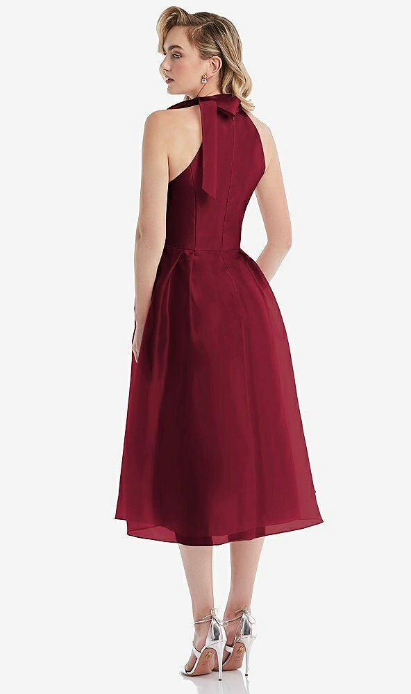 Back View - Burgundy Scarf-Tie High-Neck Halter Organdy Midi Dress