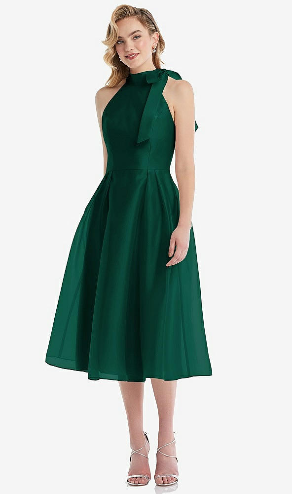 Front View - Hunter Green Scarf-Tie High-Neck Halter Organdy Midi Dress