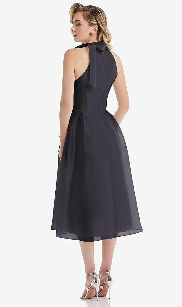 Back View - Onyx Scarf-Tie High-Neck Halter Organdy Midi Dress