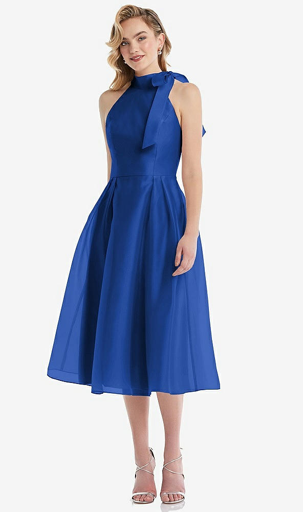 Front View - Sapphire Scarf-Tie High-Neck Halter Organdy Midi Dress