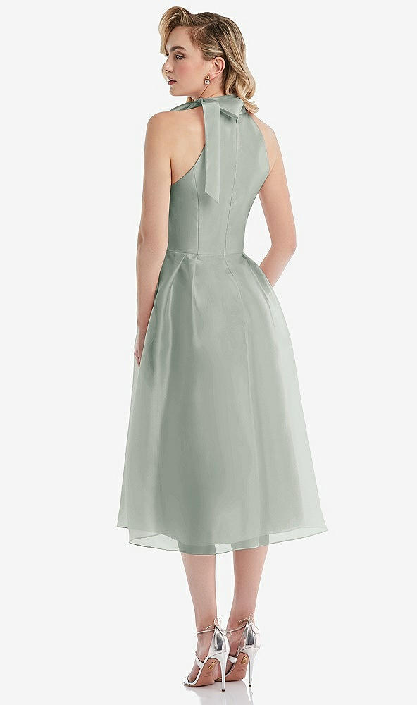 Back View - Willow Green Scarf-Tie High-Neck Halter Organdy Midi Dress