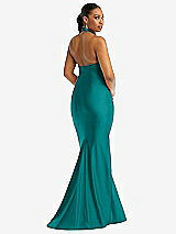 Rear View Thumbnail - Peacock Teal Criss Cross Halter Open-Back Stretch Satin Mermaid Dress