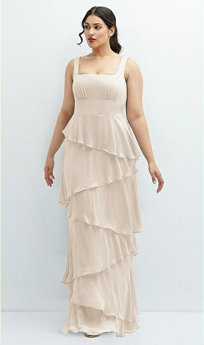 Asymmetrical Tiered Ruffle Chiffon Maxi Bridesmaid Dress With Square Neckline In Oat The Dessy Group