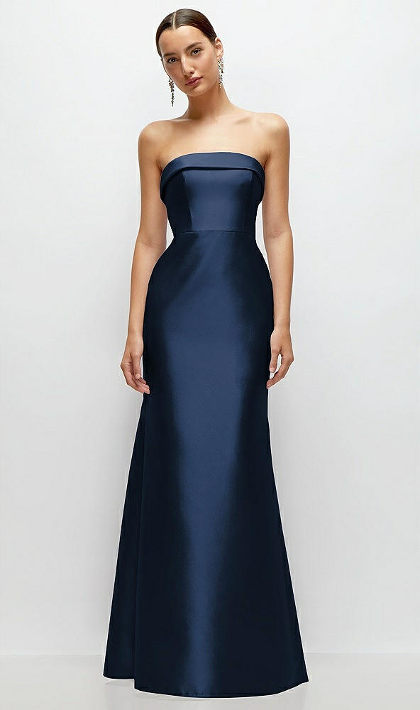 Front View - Midnight Navy Strapless Cuff Neckline Satin Trumpet Gown