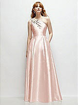 Front View Thumbnail - Blush One-Shoulder Full A-Line Satin Gown with Handworked Floral Appliqué