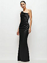 Side View Thumbnail - Black One-Shoulder Cat-Eye Neckline Fit and Flare Satin Maxi Dress