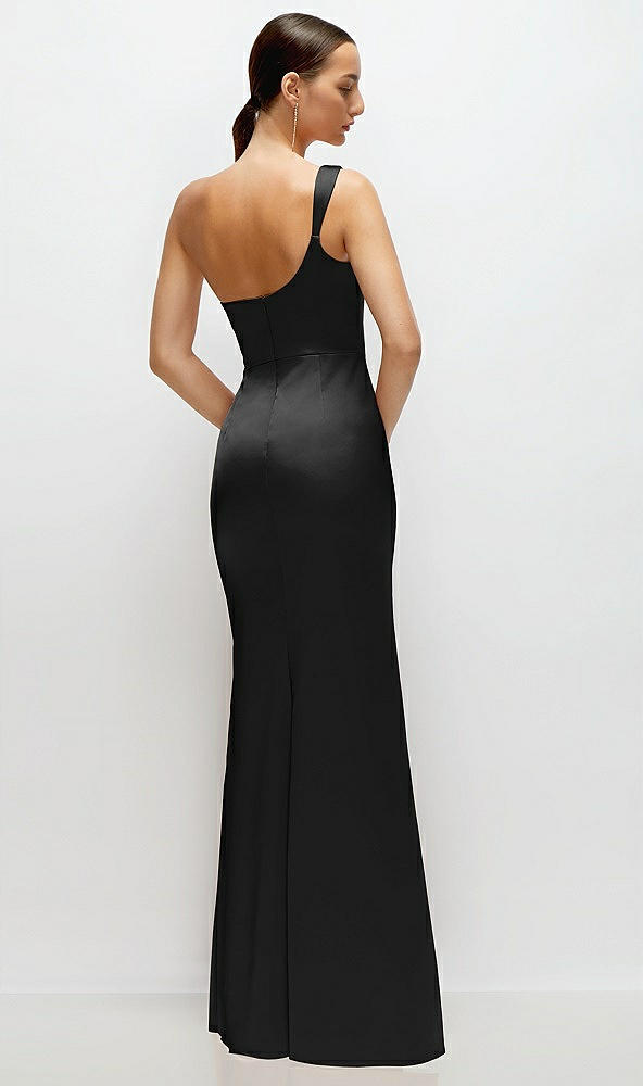 Back View - Black One-Shoulder Cat-Eye Neckline Fit and Flare Satin Maxi Dress