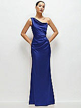 Front View Thumbnail - Cobalt Blue One-Shoulder Cat-Eye Neckline Fit and Flare Satin Maxi Dress