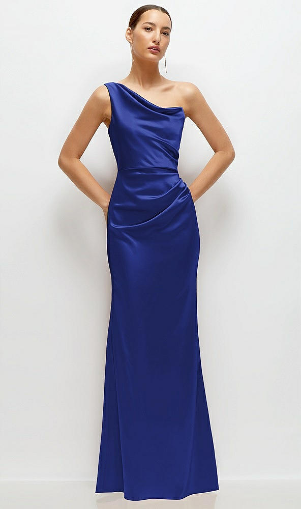 Front View - Cobalt Blue One-Shoulder Cat-Eye Neckline Fit and Flare Satin Maxi Dress