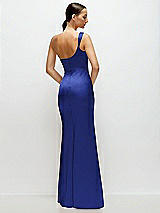 Rear View Thumbnail - Cobalt Blue One-Shoulder Cat-Eye Neckline Fit and Flare Satin Maxi Dress