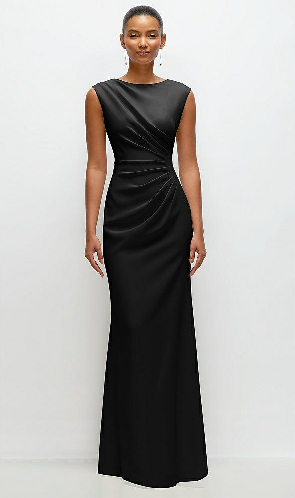 Front View - Black Sleeveless Cap Shoulder Crepe Maxi Dress with Trumpet Skirt