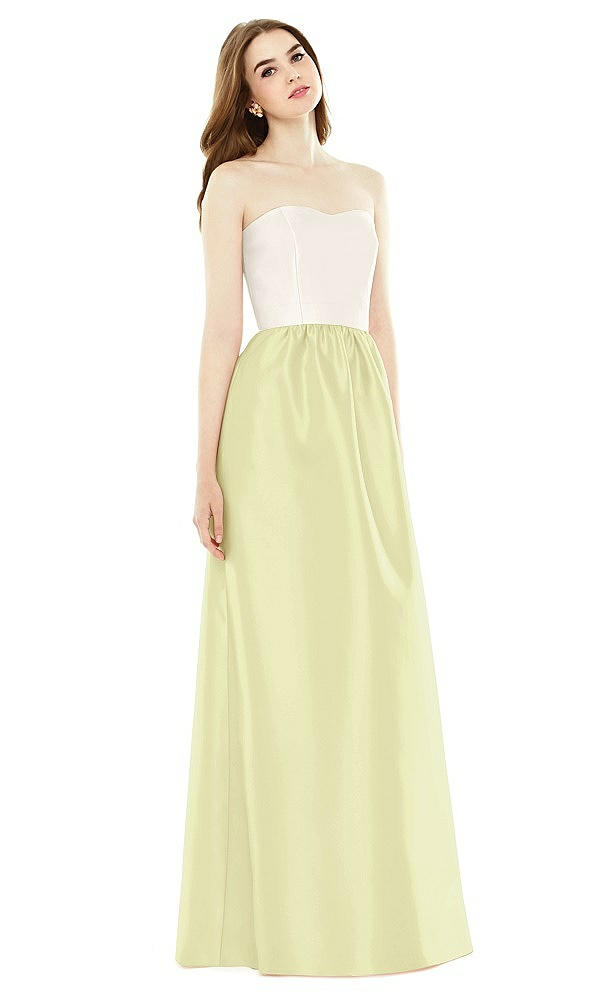 Front View - Butter Yellow & Ivory Full Length Strapless Satin Twill dress with Pockets