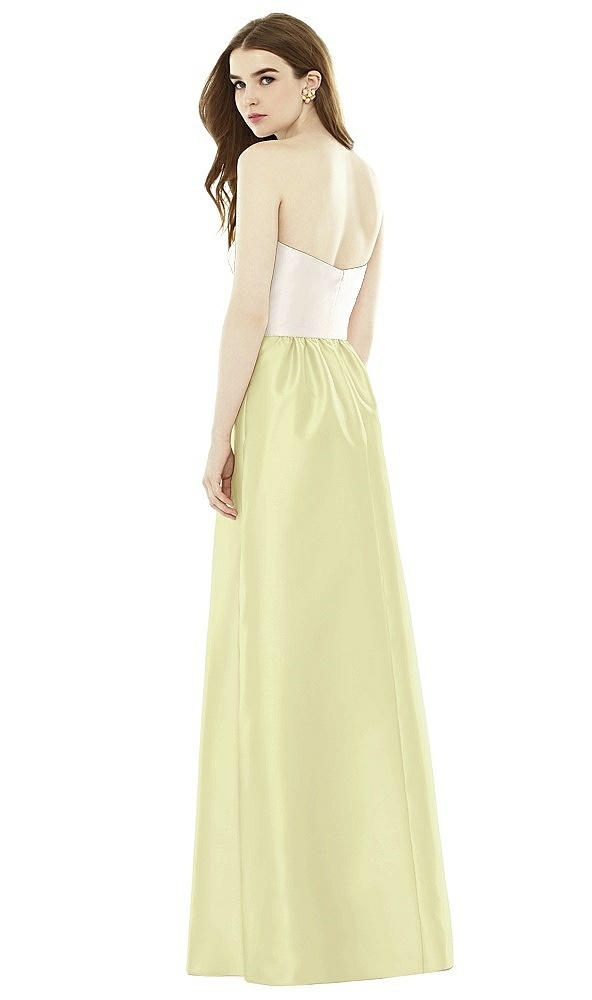 Back View - Butter Yellow & Ivory Full Length Strapless Satin Twill dress with Pockets