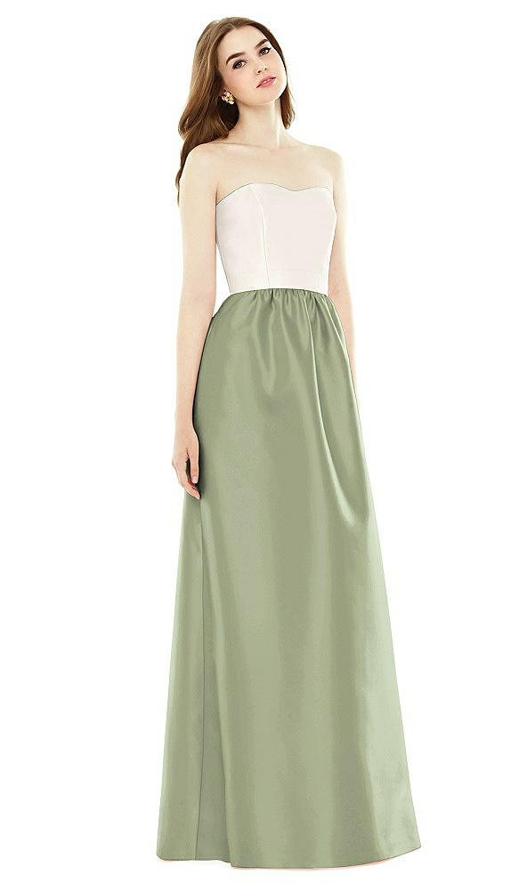 Front View - Sage & Ivory Full Length Strapless Satin Twill dress with Pockets