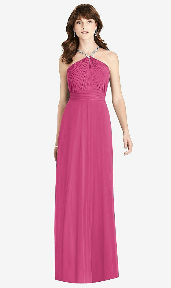 Front View - Tea Rose Jeweled Twist Halter Maxi Dress