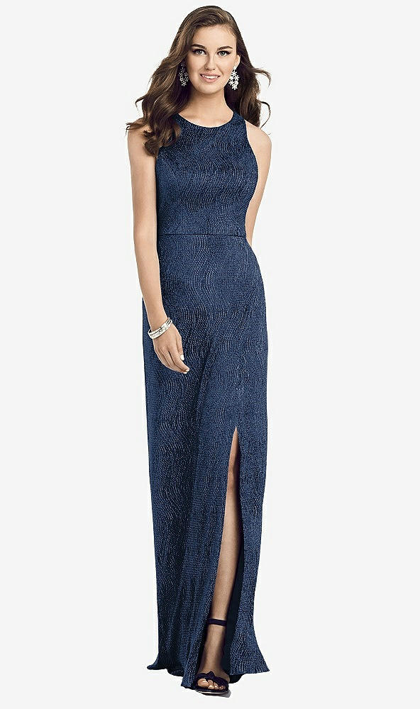 Front View - Midnight Navy Sleeveless Scoop Neck Metallic Trumpet Gown