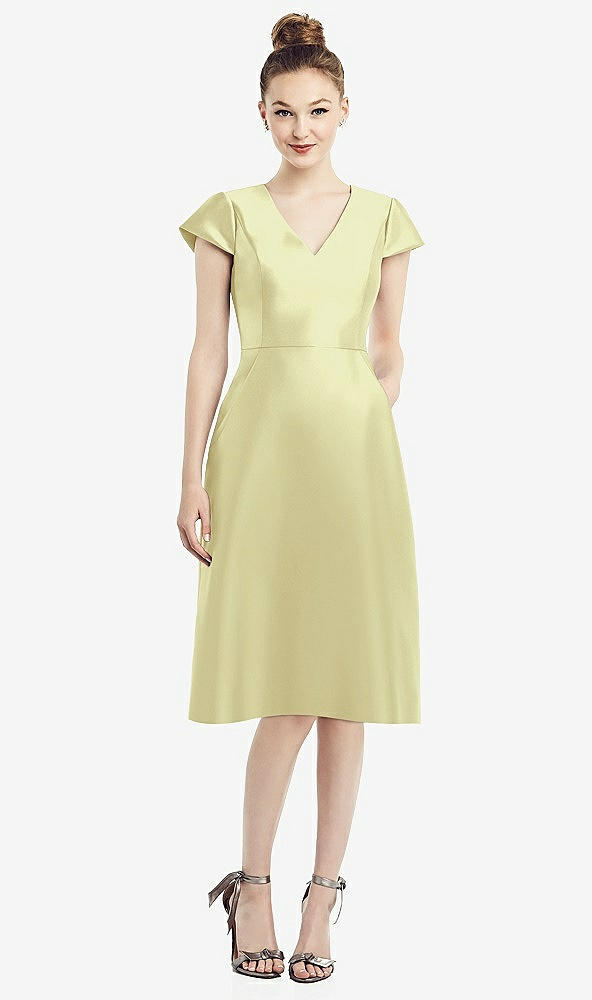 Front View - Butter Yellow Cap Sleeve V-Neck Satin Midi Dress with Pockets