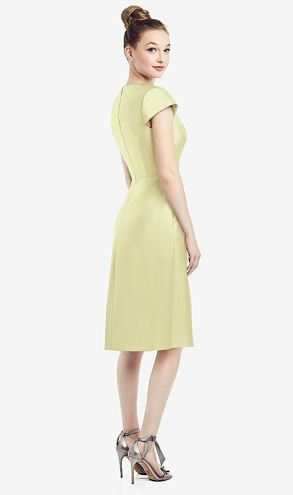 Back View - Butter Yellow Cap Sleeve V-Neck Satin Midi Dress with Pockets