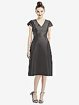 Front View Thumbnail - Caviar Gray Cap Sleeve V-Neck Satin Midi Dress with Pockets