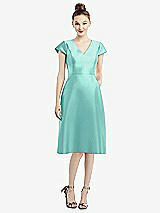 Front View Thumbnail - Coastal Cap Sleeve V-Neck Satin Midi Dress with Pockets