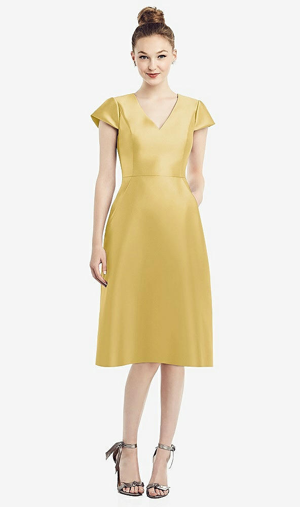 Front View - Maize Cap Sleeve V-Neck Satin Midi Dress with Pockets