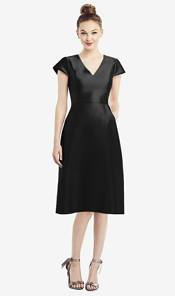 Front View - Black Cap Sleeve V-Neck Satin Midi Dress with Pockets