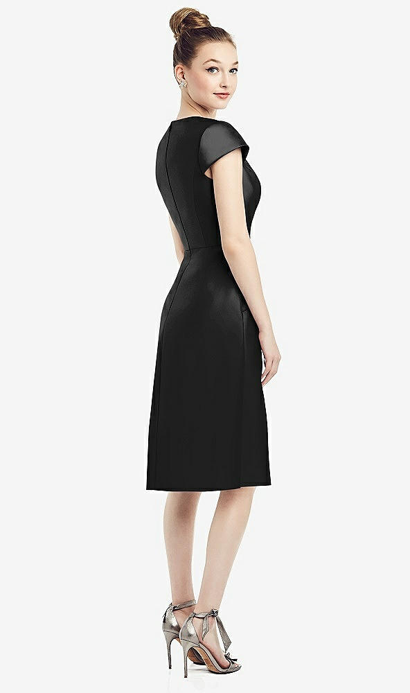 Back View - Black Cap Sleeve V-Neck Satin Midi Dress with Pockets