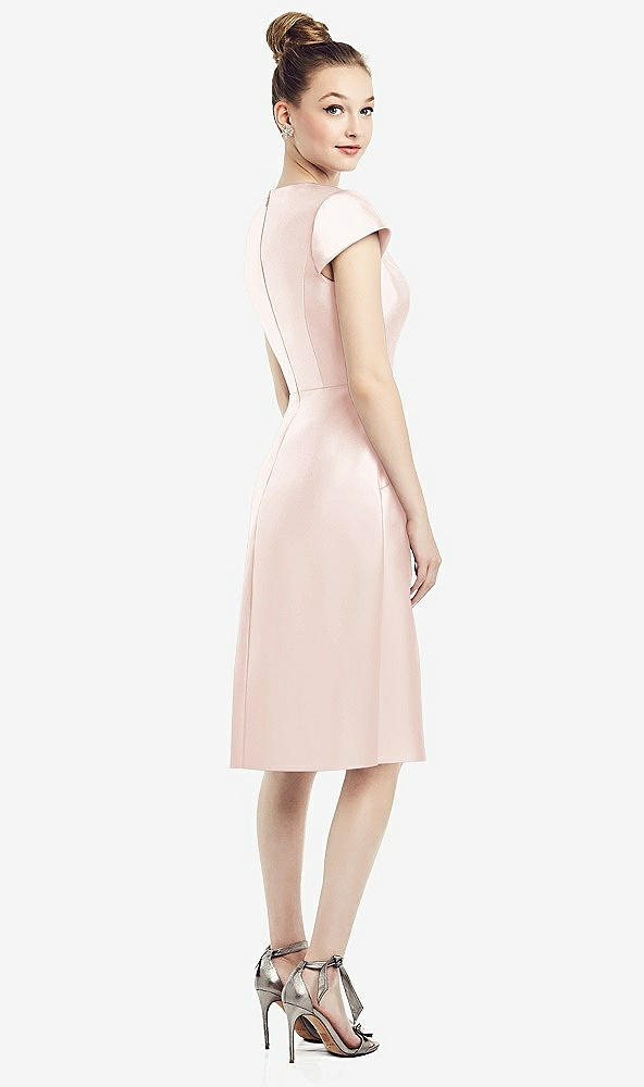 Back View - Blush Cap Sleeve V-Neck Satin Midi Dress with Pockets