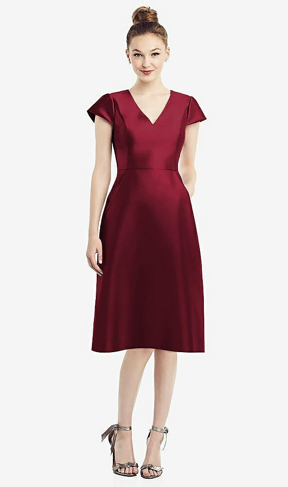 Front View - Burgundy Cap Sleeve V-Neck Satin Midi Dress with Pockets